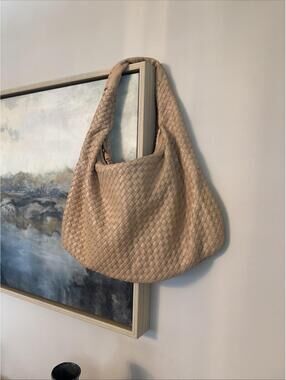 Vegan Boho Tan Woven Leather Large Shoulder Bag Soft &  Slouchy